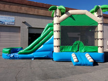 Load image into Gallery viewer, TROPICAL DUAL LANE BOUNCE HOUSE COMBO RENTAL WITH SLIDE.   WET or DRY