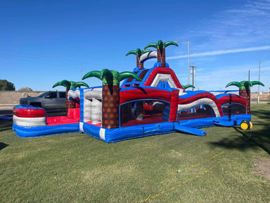 80' Oasis Wrap Around Dual Lane Obstacle course with Waterslide Wet/Dry