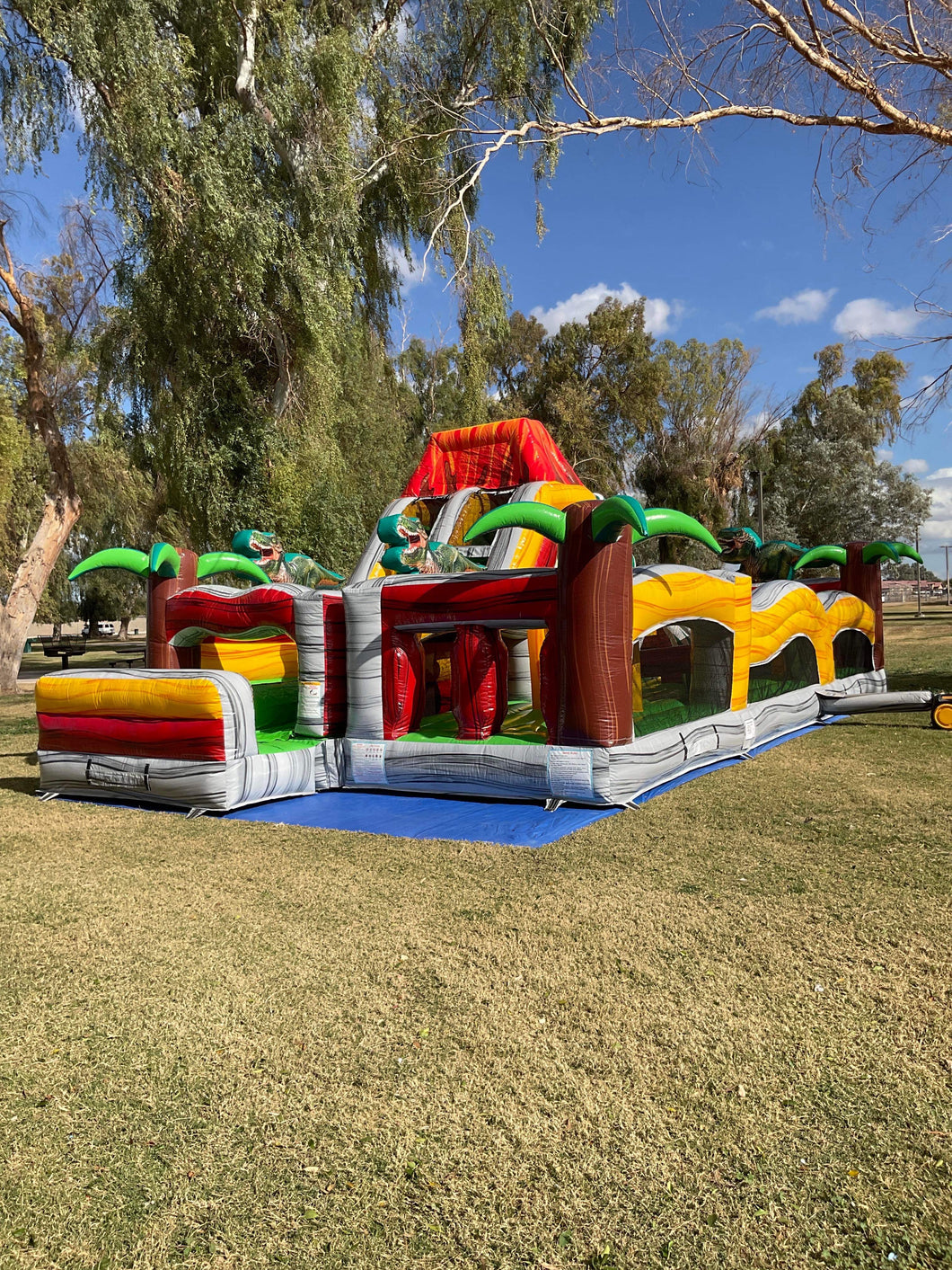 80' Jurassic Wrap Around Dual Lane Obstacle course with Waterslide Wet/Dry
